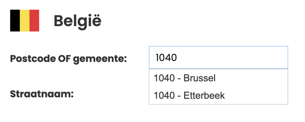Voorbeeld van het opzoeken van een postcode in België, waar de postcode 1040 zowel onder Brussel als Etterbeek valt.